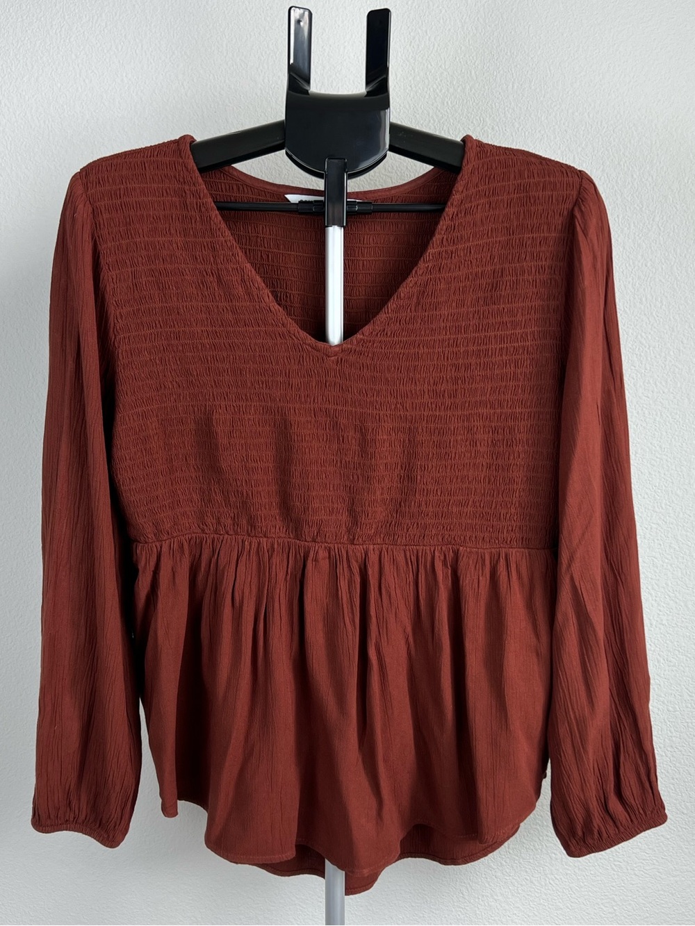 Sonoma Blouse Top L Rust Boho Peplum Smocked Long Sleeve Cottagecore